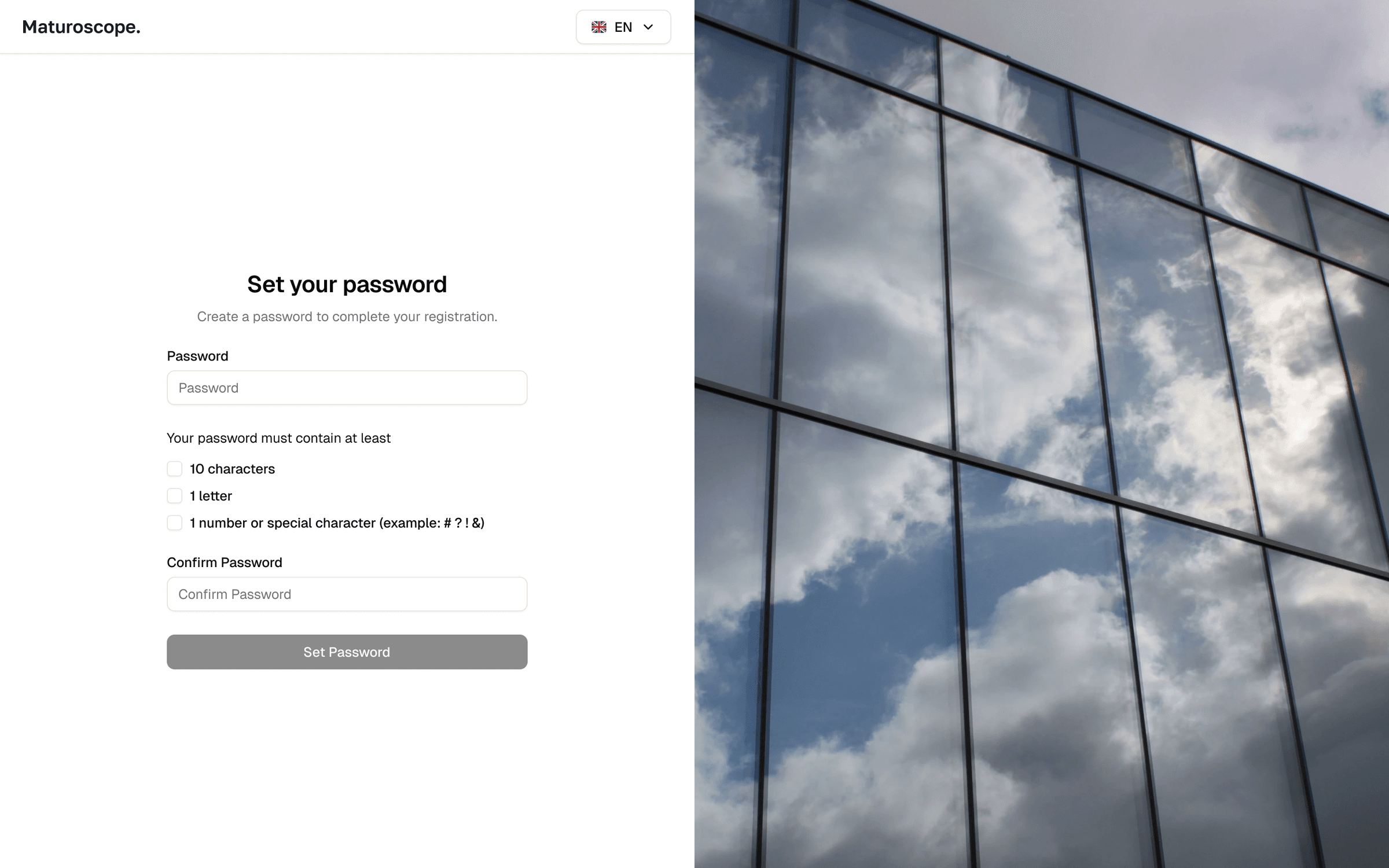 The admin dashboard's onboarding: a Set your password form with the password rules, next to a photo of a glass facade.