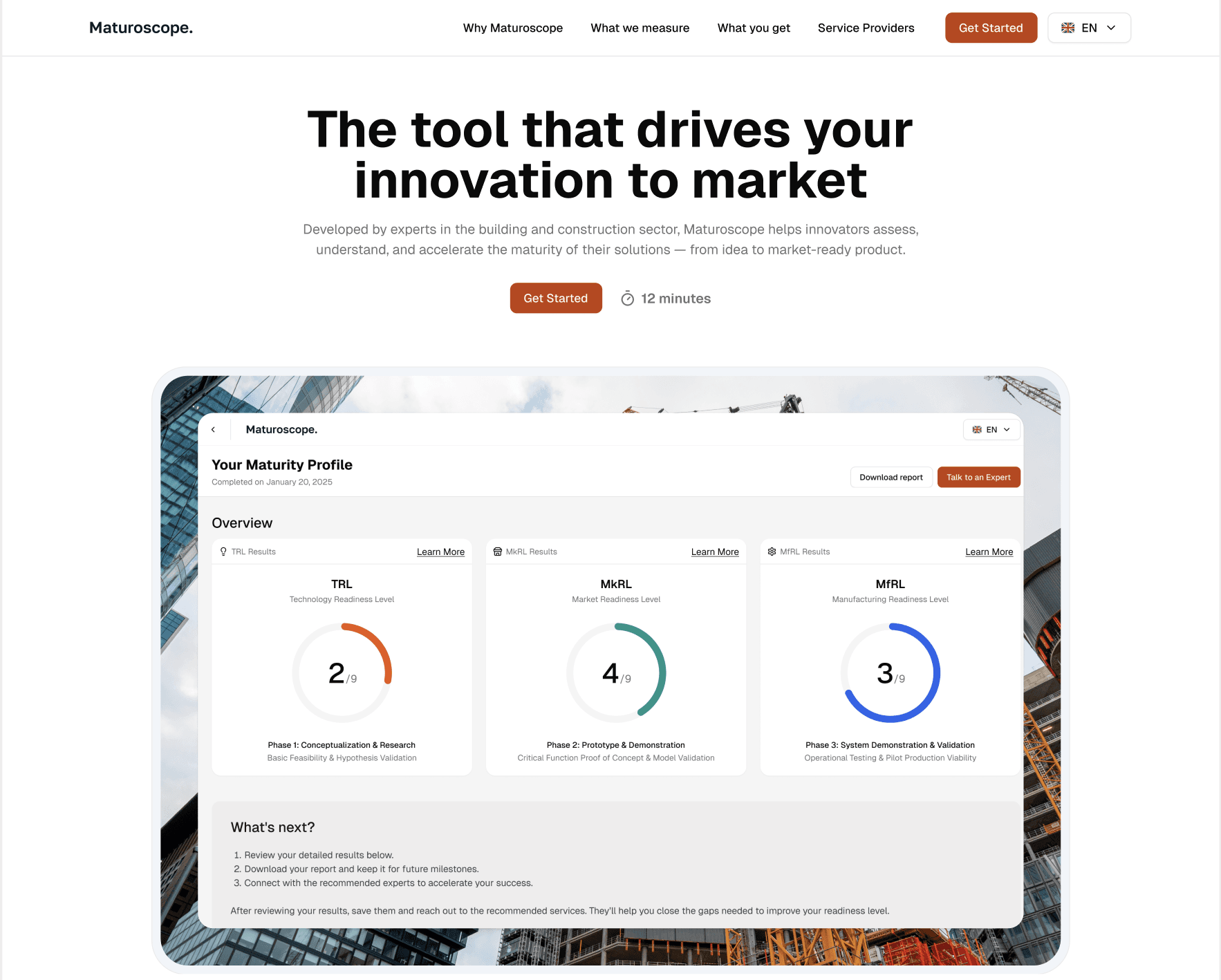 The landing page: the headline The tool that drives your innovation to market, a Get Started button with a 12-minute estimate, and a preview of a maturity profile with TRL 2, MkRL 4 and MfRL 3 out of 9.